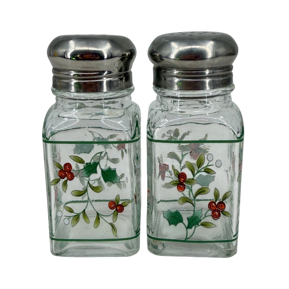 Pfaltzgraff Winterberry Salt and Pepper Shaker Set Glass Stainless Steel Clear